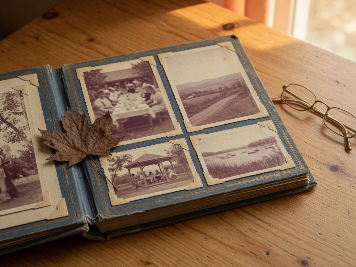 Vintage family album with pressed leaf