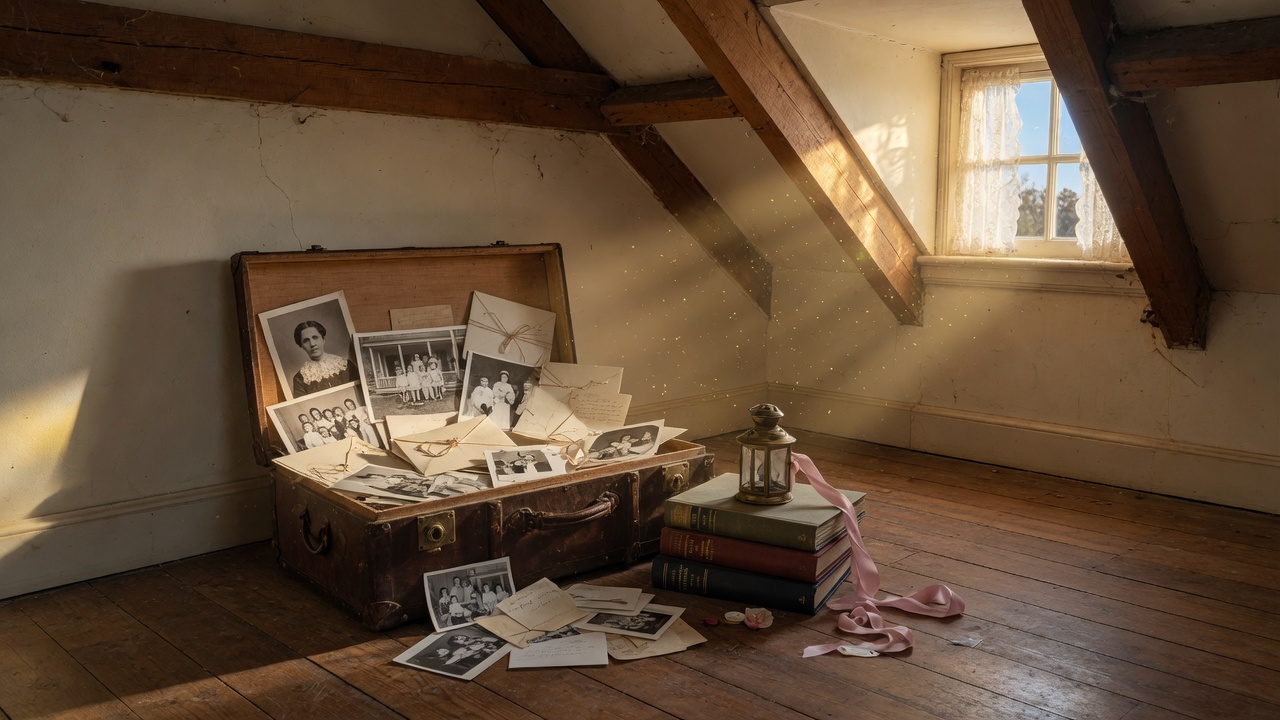 Sunlit attic with an open trunk of family photographs