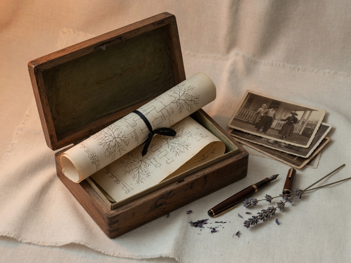 Keepsake box with a rolled family chart